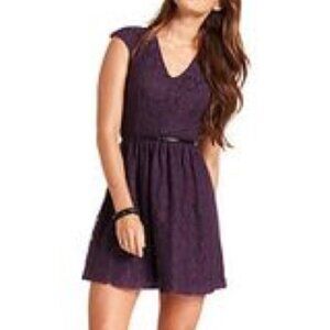 NEW KENSIE Solid Plum Purple Floral Lace Fit Flare Cotton Mini Dress JUNIORS L
